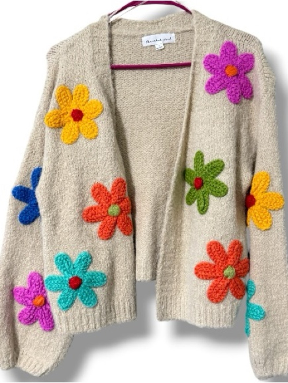 Threaded Lead size small 3D floral knit handmade open front cardigan sweater